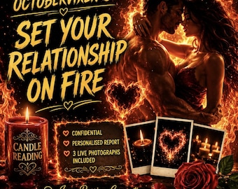 May include: A promotional graphic featuring the text OCTOBERVIXEN'S SET YOUR RELATIONSHIP ON FIRE, a couple embracing amidst flames, a red candle labeled CANDLE READING, and three photographs showing flames and candles.