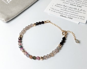 Tourmaline Garnet Tasbih Bracelet + Dua Card | 14K Gold Filled/Silver | Women 33 Misbaha Prayer Beads For Dhikr | Muslim Gift For Her