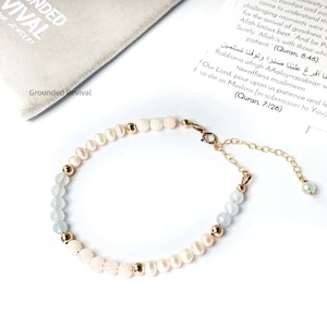 Bracelet Tasbih perle et saphir + carte Dua | Or 14 carats/Argent | 33 perles de prière islamiques pour dhikr | Cadeau musulman pour elle