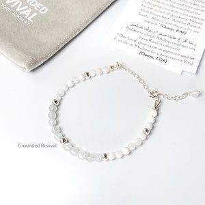 Saphir Mondstein Tasbih Armband + Dua Karte | 14K Gold Fill/Sterlingsilber | Damen 33 Bead Tasbih, Islamische Gebetskette, Muslimisches Geschenk