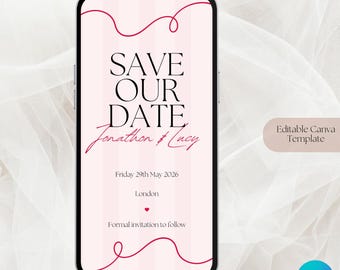 Puede incluir: Una invitación digital de boda en la pantalla de un smartphone. El texto dice "SAVE OUR DATE" con los nombres "Jonathon & Lucy". La fecha es el viernes 29 de mayo de 2026, en Londres. El diseño incluye espirales rojas y un corazón.