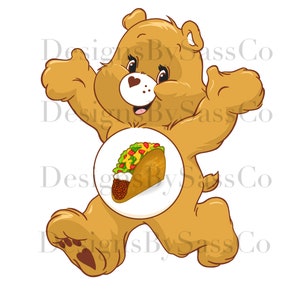 Pode incluir: Um urso de desenho animado em pose de salto, com um gr&aacute;fico de taco na barriga. O urso &eacute; marrom claro com barriga branca e nariz em forma de cora&ccedil;&atilde;o. O taco tem uma casca marrom, carne mo&iacute;da, alface e tomates.