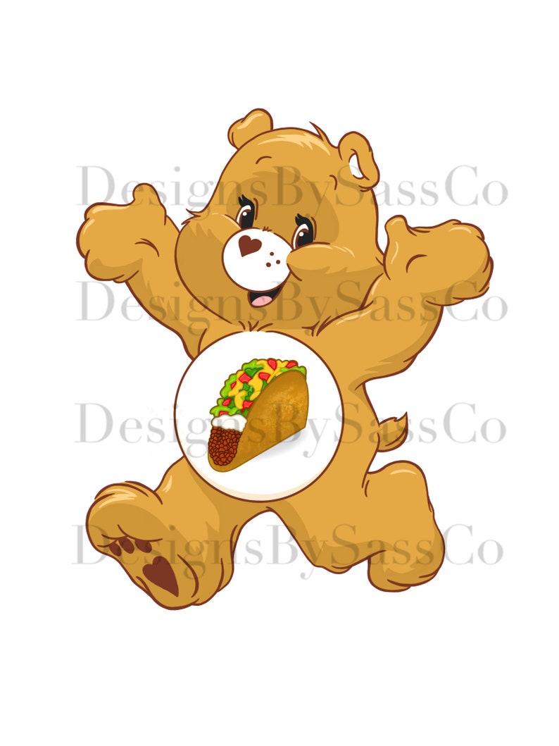Pode incluir: Um urso de desenho animado em pose de salto, com um gr&aacute;fico de taco na barriga. O urso &eacute; marrom claro com barriga branca e nariz em forma de cora&ccedil;&atilde;o. O taco tem uma casca marrom, carne mo&iacute;da, alface e tomates.