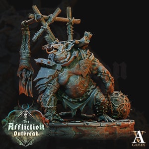 May include: A detailed miniature of a grotesque, armoured, rat-like creature holding a spiked ball. The creature is posed in a crouched position, with a hanging figure behind it. The miniature is painted in shades of brown, green, and grey, with metallic accents. The base is a textured, rocky surface.