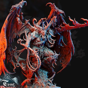 May include: A detailed, gray, resin miniature of a demon with large, feathered wings and a whip. The demon is standing on a rocky base. The miniature is part of the "Come of Demons, Volume 1" series.
