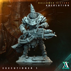 May include: A gray Executioner 1 miniature figure from the Hallowed Sisters Absolution collection. The figure is heavily armored and holds a large weapon. The figure is standing on a rocky base. The text "EXECUTIONER 1" is at the bottom.