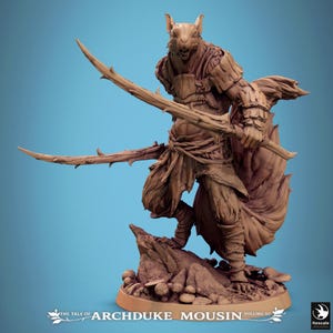 May include: A detailed brown figurine of a squirrel warrior holding two wooden swords. The squirrel is wearing armour and standing on a rocky base. The text "THE TALE OF ARCHDUKE MOUSIN VOLUME III" is at the bottom.