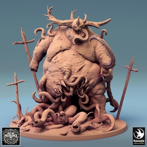 May include: A detailed, 3D printed miniature of a grotesque, fleshy demon with horns, tentacles, and a large, gaping maw. The demon is standing on a base with several smaller, writhing creatures. The miniature is painted in a light brown color.