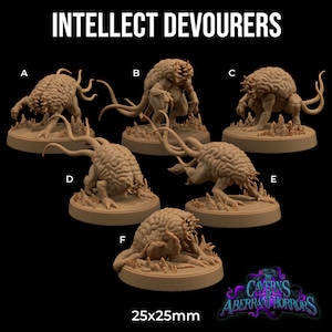 Op de afbeelding: Zes 25 mm miniaturen van hersenenachtige wezens met tentakels, genaamd "Intellect Devourers", uit het spel "The Caverns of Aberrant Horrors".