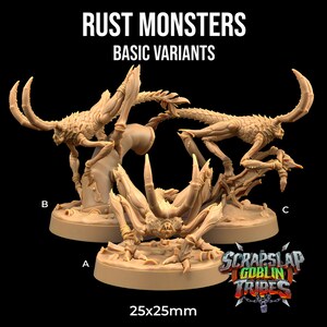 May include: Three 3D printed miniature rust monsters in various poses on 25mm bases. The monsters are a light brown colour and have sharp claws and teeth. The bases are textured and have a slight brown tint. The image includes the text "Rust Monsters Basic Variants" and "25x25mm".