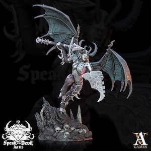 May include: A detailed miniature figurine of a female demon with wings, horns, and a weapon. The demon is posed in a dynamic flying position, with a fierce expression on her face. The figurine is painted in shades of gray and black, with hints of red and white. The base of the figurine is made of a dark, rocky material and features skulls.