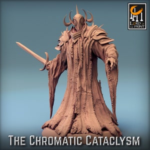May include: A detailed miniature figurine of a cloaked figure with a horned helmet and a sword, painted in a muted brown colour. The figure is standing on a circular base. The text "THE CHROMATIC CATACLYSM" is printed below the figure.