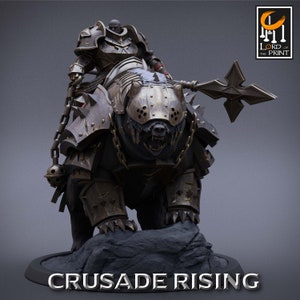 May include: A detailed figurine of a warrior in ornate armour riding a bear-like creature, holding a bladed weapon. The figure is dark with bronze accents, mounted on a rocky base. The text "CRUSADE RISING" is at the bottom, with a logo in the top right.