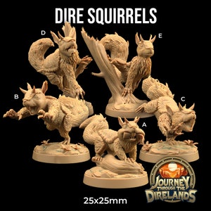 May include: Five miniature, detailed, beige-coloured, plastic dire squirrel figurines, each with a different pose, on a round, brown base. The base has the text "Journey Through The Direlands" and "25x25mm".