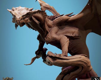 May include: A detailed brown dragon sculpture with textured scales and wings, perched on a twisted wooden base. The dragon has a fierce expression and is posed dynamically. The sculpture is a fantasy art piece.