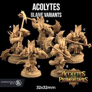 May include: Five 32mm miniature figures of a dinosaur-like creature with a horned helmet, holding a glaive weapon. The figures are painted in a light brown colour and are posed in different fighting stances. The text "Acolytes of the Primordials Part I" is visible at the bottom of the image.