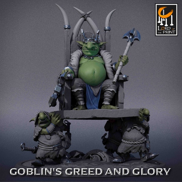 Goblin King on Throne - Miniature - Lord of the Print - Fantasy - D&D - Pathfinder - Roleplaying - unpainted model