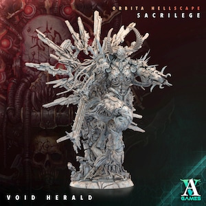 May include: A light grey, highly detailed miniature figurine titled Void Herald from Orbita Hellscape Sacrilege. The figure features a horned, armoured entity with intricate mechanical and organic textures, sharp spikes, and a large, jagged back structure.