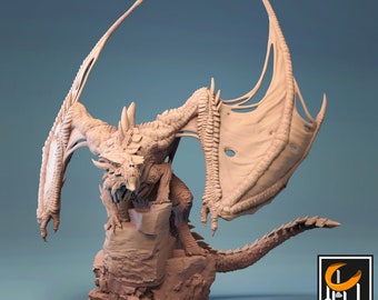 May include: A 3D printed model of a white dragon with its wings spread wide. The dragon is standing on a rocky base and has a fierce expression on its face. The model is pre-supported and ready to be printed.