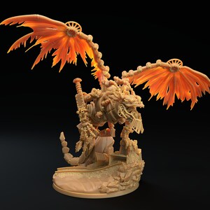 May include: A detailed, beige-coloured, 3D printed miniature of a mechanical dragon with orange wings. The dragon is posed in a standing position with its wings spread out. The dragon has a long tail and a small head with a sharp beak. The dragon is standing on a base with a rocky texture.