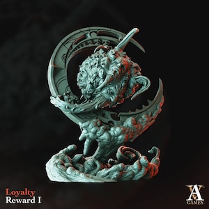 May include: A 3D printed miniature sculpture of a crescent moon with a sphere of faces in the center. The sculpture is made of a light gray plastic and has a textured surface. The sculpture is on a base with a textured surface. The sculpture is a representation of the concept of loyalty.