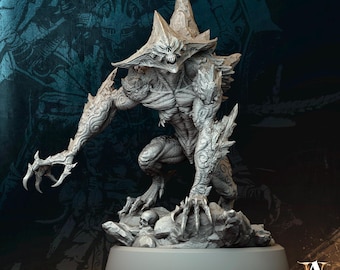 Könnte beinhalten: Eine detaillierte, graue, geformte Miniatur eines monströsen Wesens mit einem stacheligen Kopf und scharfen Krallen. Das Wesen steht auf einem felsigen Sockel. Der Text "Frostburn Horrors Frozen Echoes" und "Icetor Horror 1" ist im Bild sichtbar.