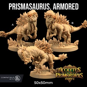 Peut inclure: Trois figurines miniatures en plastique d'une créature ressemblant à un dinosaure avec une armure en cristal. Les figurines sont peintes en brun clair et sont posées dans différentes positions. Les figurines sont étiquetées A, B et C. Les figurines mesurent 50 mm x 50 mm et sont compatibles avec les règles d'une page. Les figurines font partie de la collection Acolytes of the Primordials Part II.