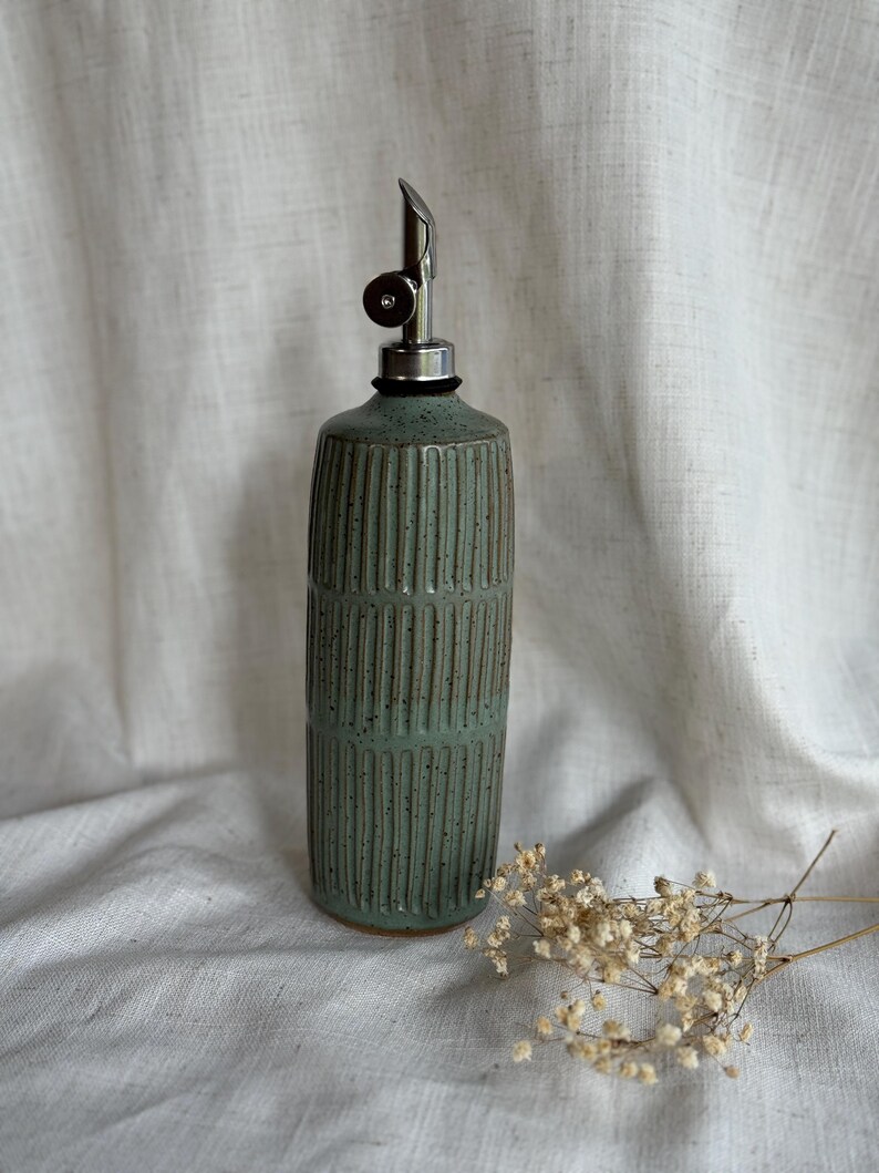 Carved Ceramic Olive Oil Bottle- Hand made, wheel thrown with speckled stoneware