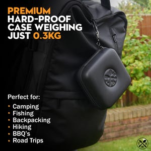 May include: A black hard-shell case with a zipper closure and a logo on the front. The case is attached to a black backpack with a zipper. The text on the case reads "PREMIUM HARD-PROOF CASE WEIGHING JUST 0.3KG". The text below the case reads "Perfect for: Camping, Fishing, Backpacking, Hiking, BBQ's, Road Trips".