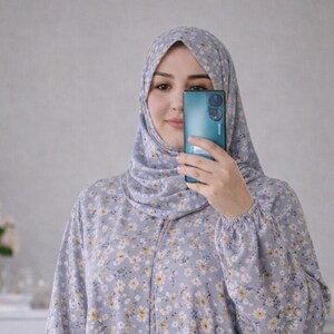 Floral Cotton Prayer Dress with Attached Scarf, Islamic One Piece