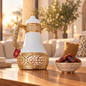 May include: A white and gold coffee pot with an intricate metal lattice design on the base, neck, and handle, accompanied by a small matching bowl filled with brown dates. A small red tag hangs from the handle of the ornate coffee server.