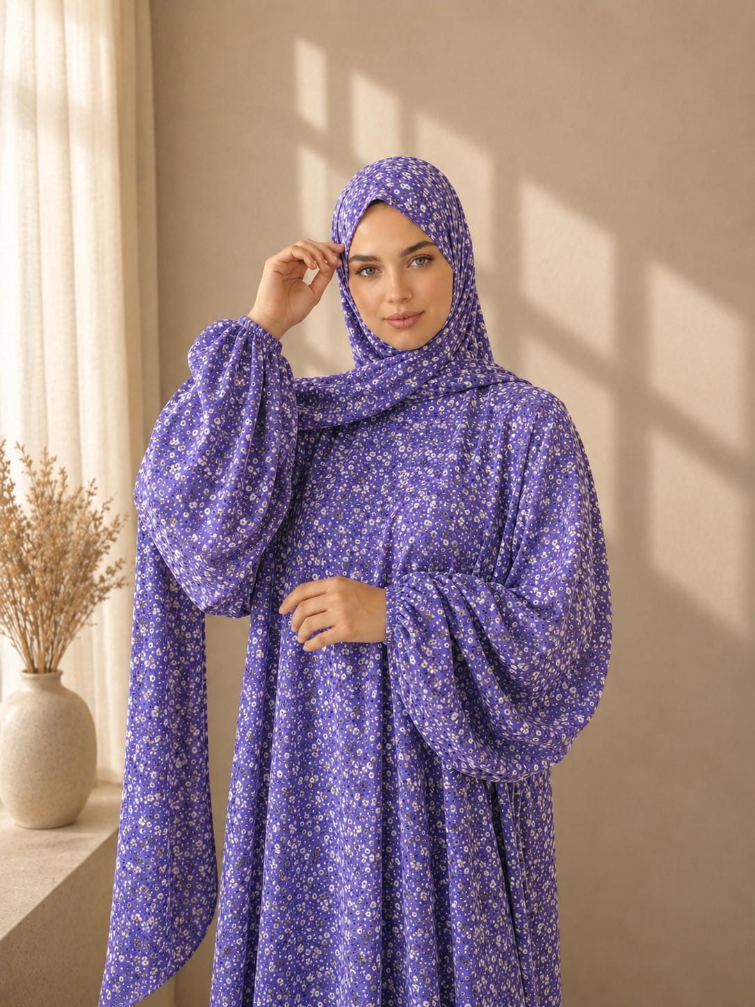 Cotton Prayer Dress with Attached Scarf, Muslim One Piece Salah Outfit