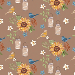 Sunflowers and Birds 100% Cotton Fabric by the Half Metre