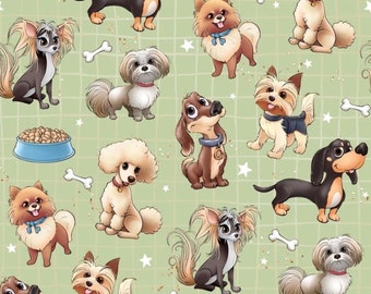 Cute Puppies Fabric, Dachshund, Poodle, Yorkie, 100% Cotton, LAST PIECE 46 x 150cm