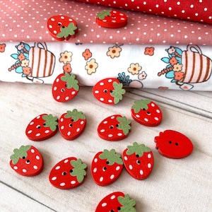 Strawberry Wooden Buttons, 22mm, Fruit Embellishments, Set of 10