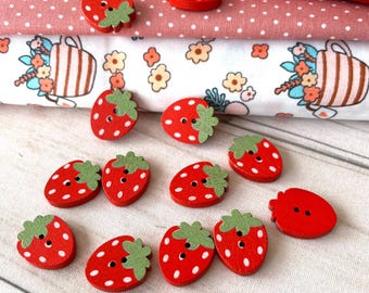 Strawberry Wooden Buttons, 22mm, Fruit Embellishments, Set of 10