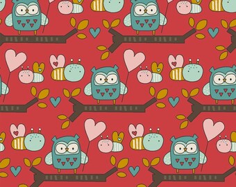 Owls and Bees, Cute Forest Friends Fabric, 100% Cotton sold by the Half Metre