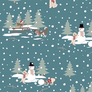 Puede incluir: Una escena de invierno azul y blanca con perros, mu&ntilde;ecos de nieve y &aacute;rboles de Navidad. Los perros llevan bufandas y gorros rojos y blancos. Los mu&ntilde;ecos de nieve llevan sombreros de copa negros y bufandas rojas y blancas. Los &aacute;rboles de Navidad son verdes y tienen estrellas blancas en la cima.