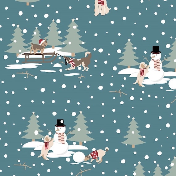 Playing in the Snow Christmas Fabric, Furry Friends, 100% Cotton Sold by the Half Metre