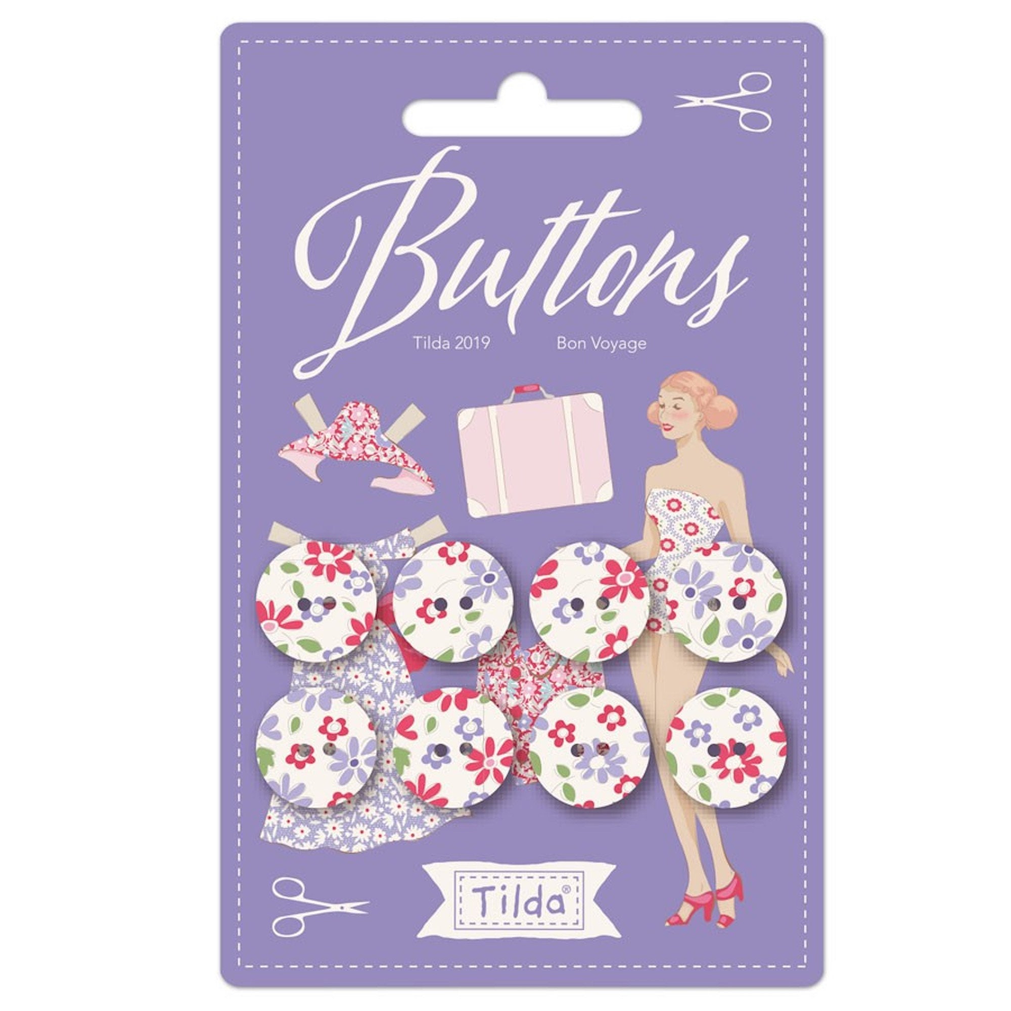 Tilda Bon Voyage Fabric Covered 15mm Buttons, Set of 8