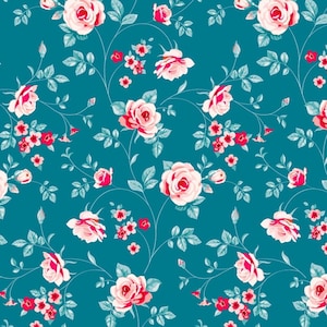Pink and Red Roses on Blue Cotton Fabric, Vintage Style, By the Half Metre