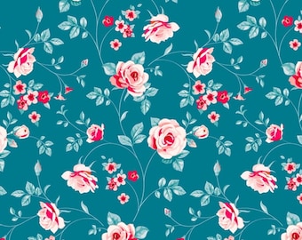 Pink and Red Roses on Blue Cotton Fabric, Vintage Style, By the Half Metre