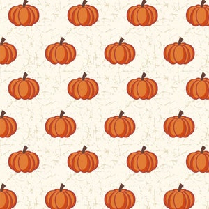 May include: A repeating pattern of orange pumpkins with brown stalks on a cream-coloured background. The pumpkins are stylised with curved lines and are evenly spaced. The background has a textured, distressed appearance.