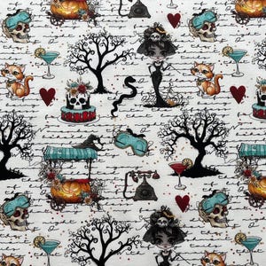 Halloween Scary Print Cotton Fabric, Skeletons, Pumpkins, Skulls, Bats, Sold by the Half Metre