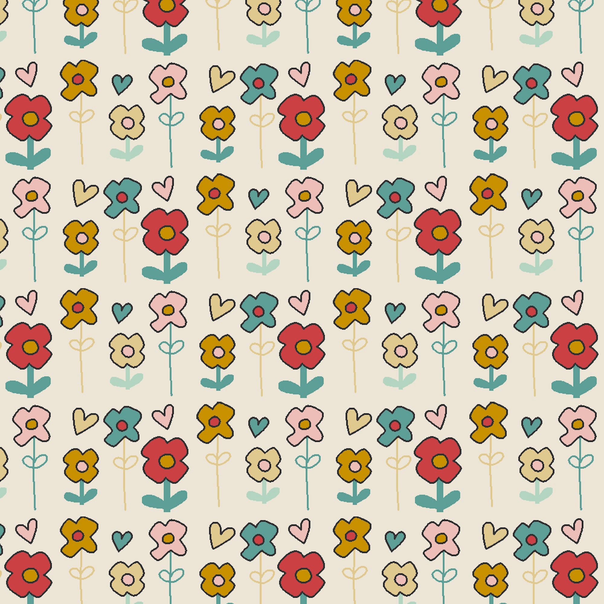 Retro Flowers Fabric, Quilting Cotton, Oeko-Tex, Sold by the Half Metre