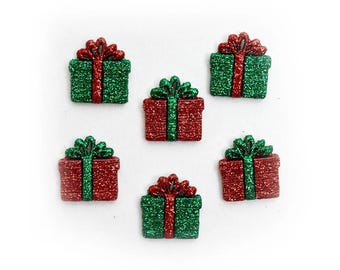 Dress It Up Buttons, Small Glitter Presents, 3D Craft Buttons, Set of 6