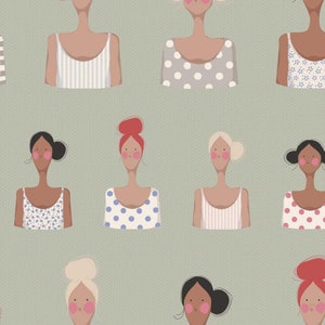 Könnte beinhalten: Ein sich wiederholendes Muster von stilisierten weiblichen Figuren mit verschiedenen Frisuren und Hauttönen. Die Figuren tragen Tanktops mit Mustern wie Streifen, Punkten und Blumen. Der Hintergrund ist ein helles Grün mit einer dezenten gepunkteten Textur.