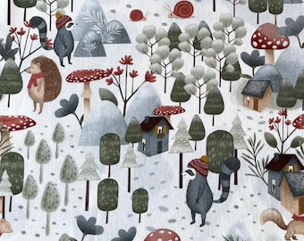 Forest in the Winter, Mushroom, Hedgehogs and Raccoons, 100% Cotton Fabric, Sold by the Half Metre