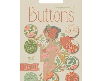 May include: A card of decorative buttons with floral patterns in pink, green, and orange. The card features the word "Buttons" and the brand "Tilda". The design includes an illustration of a woman with flowers.