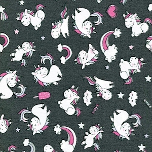 Happy Baby Unicorns on Grey, 100% Cotton Fabric, Sold by the Half Metre